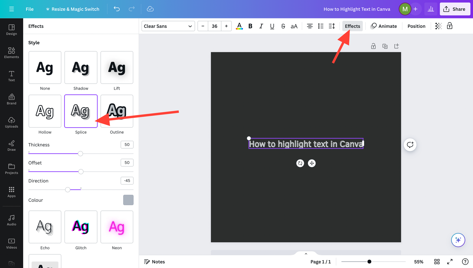 How to highlight text in Canva